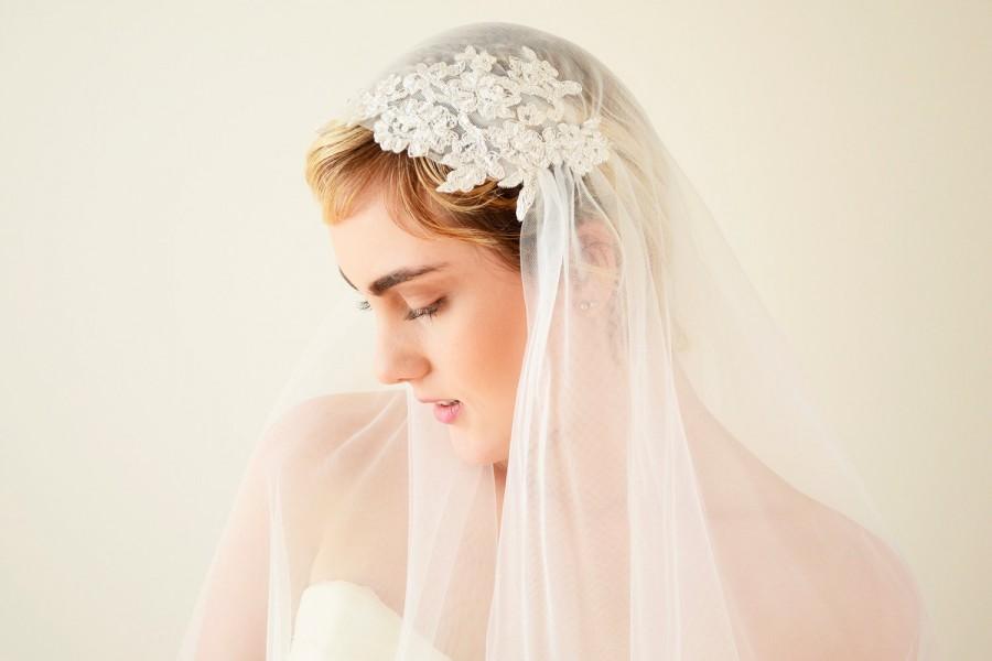 زفاف - Lace Juliet Cap Veil, two tier wedding veil with beaded lace appliques, blusher veil, short, elbow, fingertip, chapel, cathedral long veil