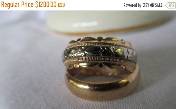 Wedding - Jewelry Sale Beautiful 2 Tone 14K Yellow Gold Ring and White Gold 14K Cigar Band Ring Sz 6 Wedding Bands 14K Scalloped Edge Ring