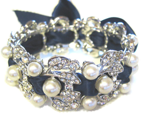 زفاف - NAVY BLUE  Bridal Bracelet  Pearl - Swarovski pearls and rhinestone /  Bridal Bracelet ,Weddings  Rinestone, Crystal,pearl