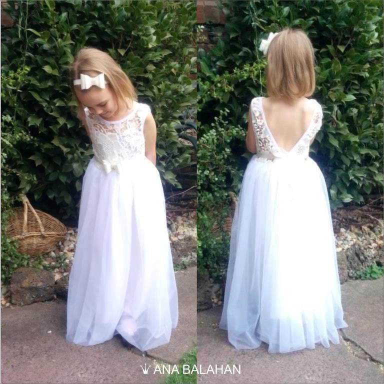 Wedding - V-neck Flower girl dress - WHITE & WHITE-OFF, Wedding Junior Bridesmaid, First Communion For Children Toddler Kids Teen Girls, V-back dress