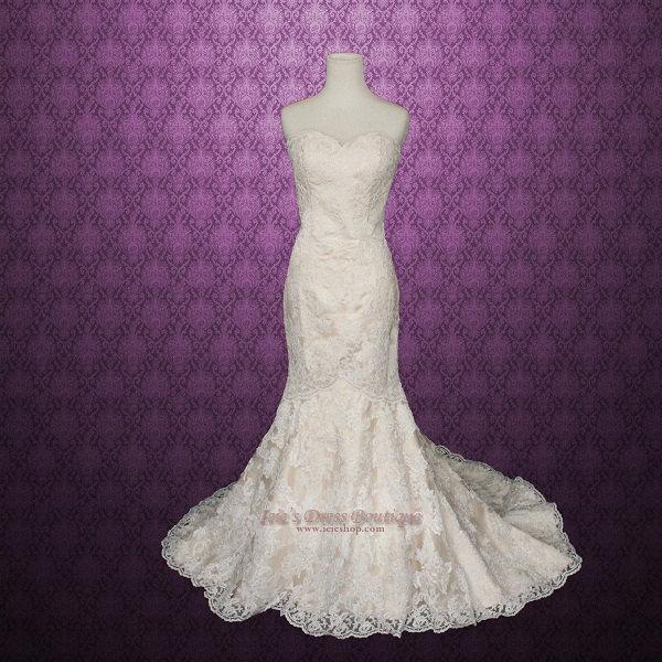 Hochzeit - Vintage Inspired Strapless Sweetheart Lace Mermaid Wedding Gown 