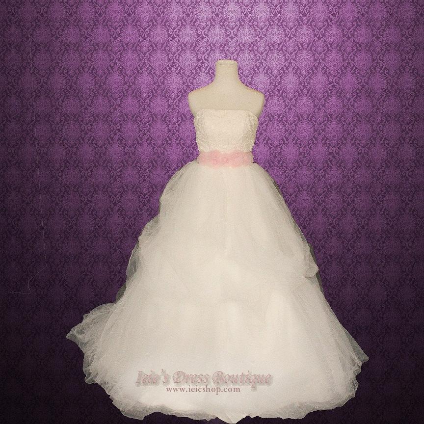 زفاف - Strapless Princess Airy Tulle Ball Gown Wedding Dress with Floral Sash 