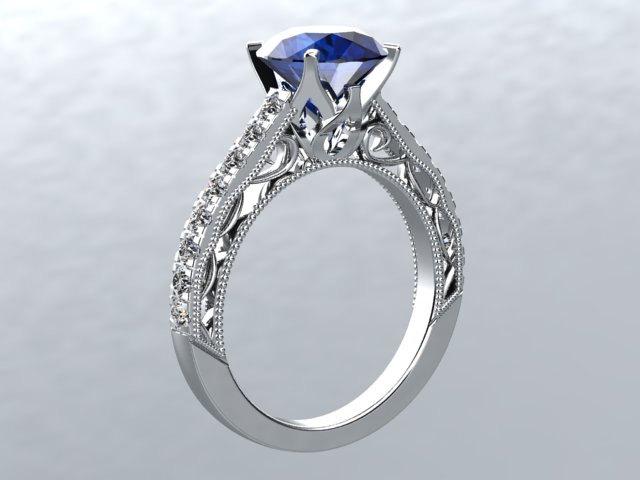 Hochzeit - Sapphire Engagement Ring 14kt White Gold 6.5mm Blue Round Sapphire Center White Sapphire Side Stones Wedding Ring Victorian Love Inspired