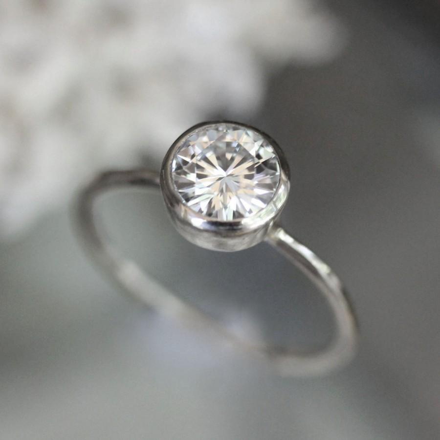 Mariage - 7mm Forever Brilliant Moissanite 14K Palladium White Gold Engagement Ring, Stacking Ring - Made To Order