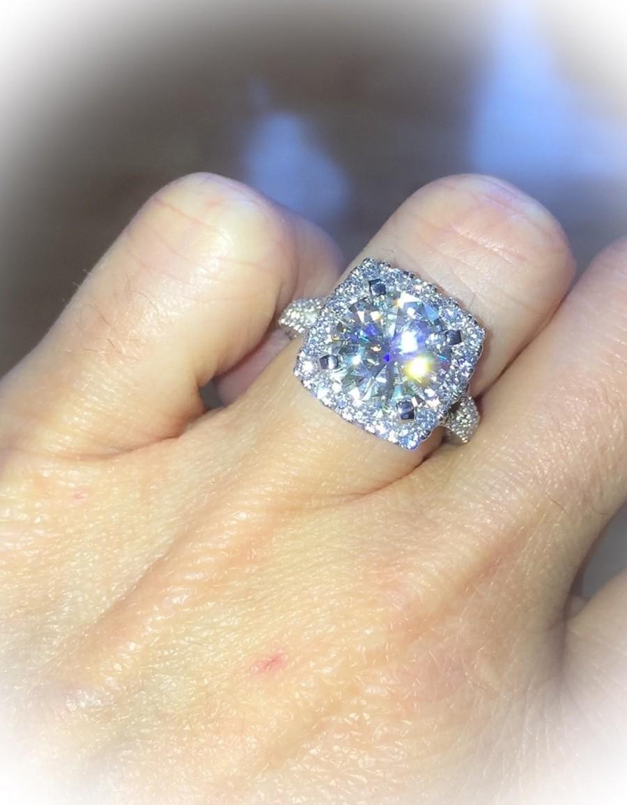 Mariage - Platinum Diamond Engagement Ring 10mm Round Forever Brilliant Moissanite and 2.05ct Round Natural Diamonds Pristine Custom Rings