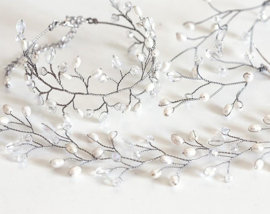 Hochzeit - Bridal jewelry set, Silver pearl bracelet earrings headband set, Wedding jewelry, Crystals set, Bridal silver jewelry set, Bride Jewelry