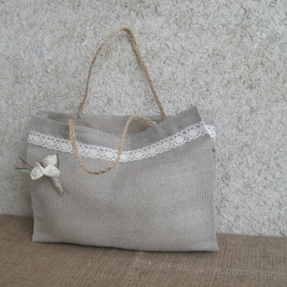 زفاف - Natural Linen Rose Tote Bag, Burlap Lace Bridesmaid Gift Bag, Custom made Flax Wedding Accessories, Rustic Eco friendly Bag, 13 x 10 x 3