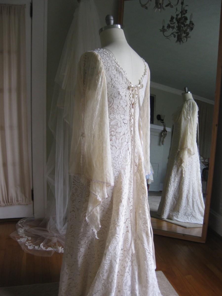 Wedding - Renaissance Faery Tale Champagne Lace Wedding Gown, Renn sleeve, Boho wedding dress, Vintage lace Wedding gown, Plus Size Lace Dress