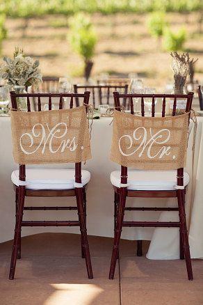 Свадьба - Burlap Wedding Chair Signs - Mr And Mrs Chair Signs -Wedding Decorations