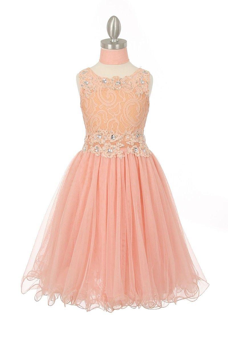 Mariage - Flower girl dress peachy blush pink lace embellished, sequins and sparkles, flower girl dress, junior bridesmaid dress, girls pageant dress