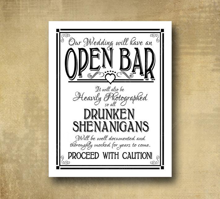 Mariage - Printed Open Bar Drunken Shenanigans wedding bar sign - black and white party signage -  with optional add ons