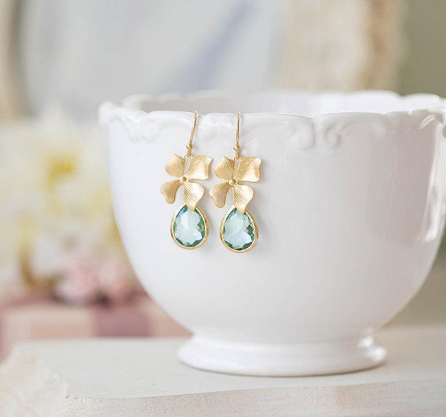 Hochzeit - Seafoam Green Earrings, Gold Orchid Flower Aqua Blue Glass Dangle Earrings, Seafoam Aqua Wedding Earrings, Bridesmaid Earrings, Gift for Her