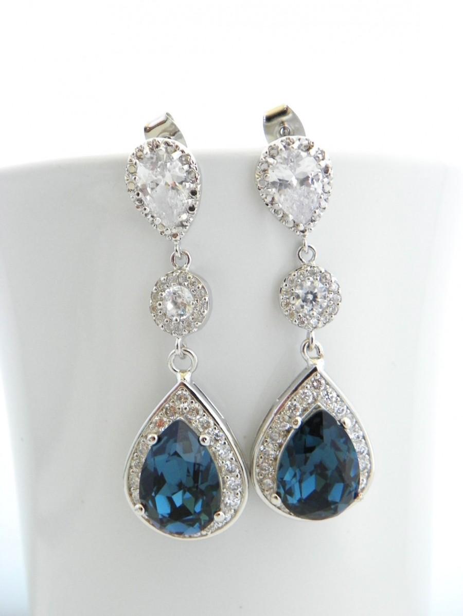 Mariage - Navy Blue Earrings, Montana Blue Wedding Earrings, Cubic Zirconia Earrings, Swarovski Bridal Earrings, Long Wedding Teardrop Earrings, Bride