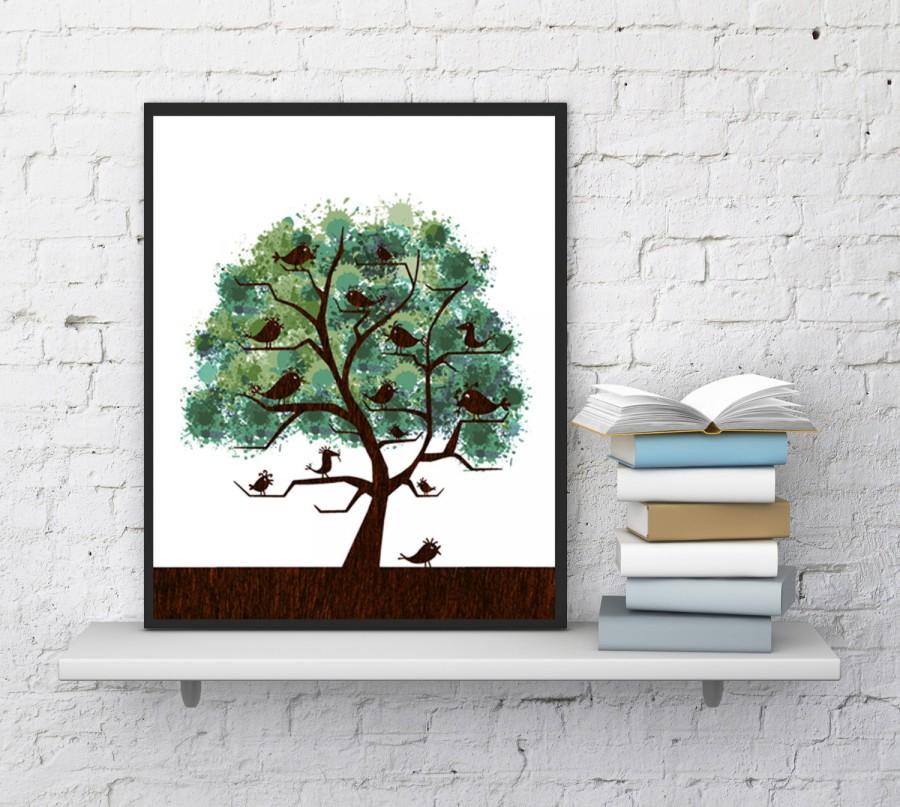 Wedding - Tree watercolor print, Tree minimalist art, Birds on tree, Nature art, Watercolor design, Spring wall decor, Tree  art, InstantDownloadArt1