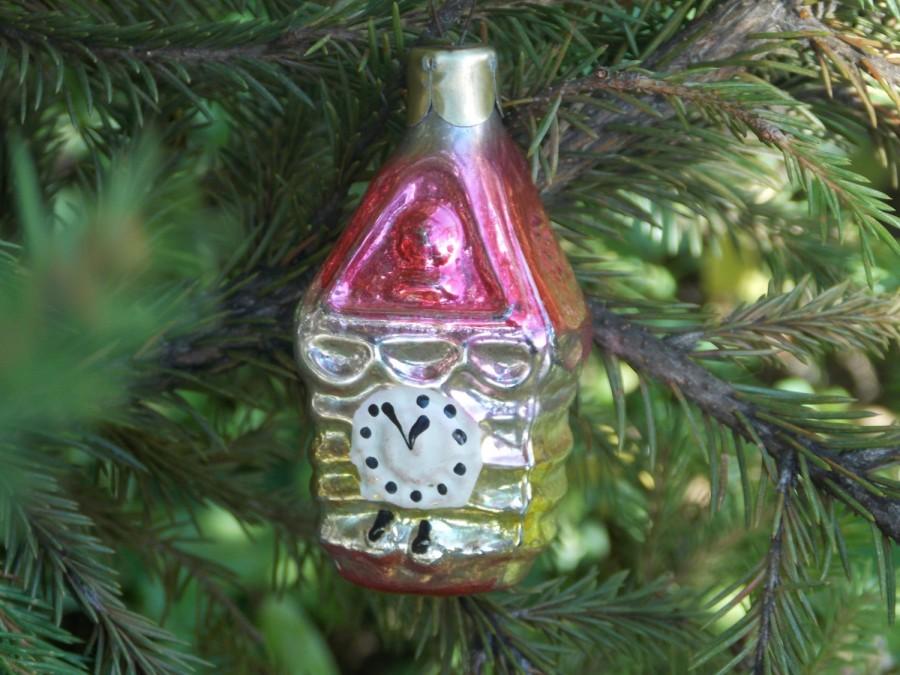 Wedding - Pink gold clock house vintage Christmas ornament tree Mercury glass winter holiday gift christmas decoration hand painted clock house tree