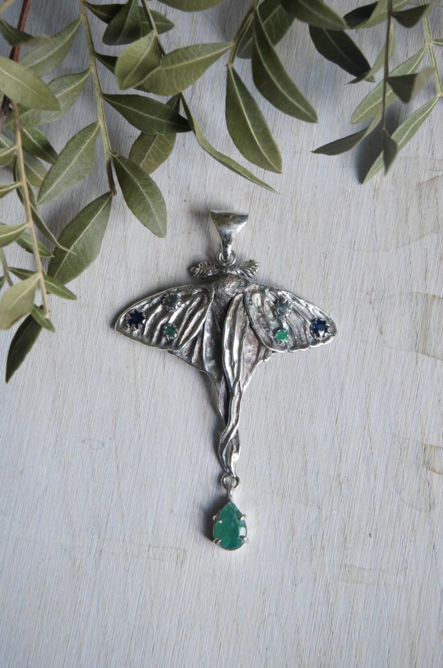 Hochzeit - Art nouveau pendant with emeralds and sapphires, moth pendant, art nouveau jewelry, butterfly pendant, sterling silver pendant, artisan