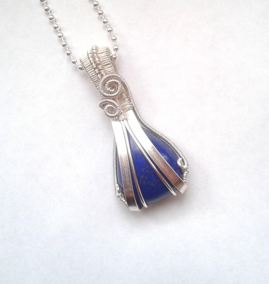 Hochzeit - Wire Wrapped Lapis Lazuri Stone Necklace, Unique Wire Wrapped Jewellery, Blue Stone Wire Woven Pendant, Handmade Lapis Teardrop Necklace