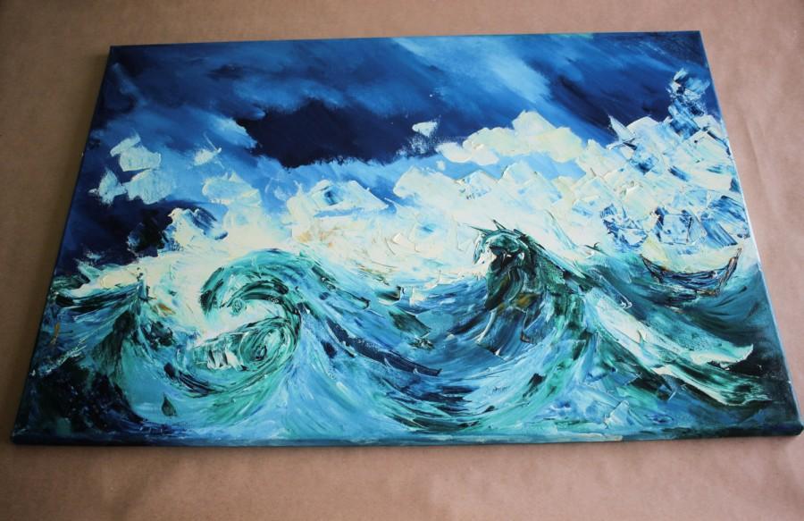 زفاف - Blue storm sea oil painting, original modern fine art, impressionistic waves in sea by contemporary artist large painting 19 by 27 inches