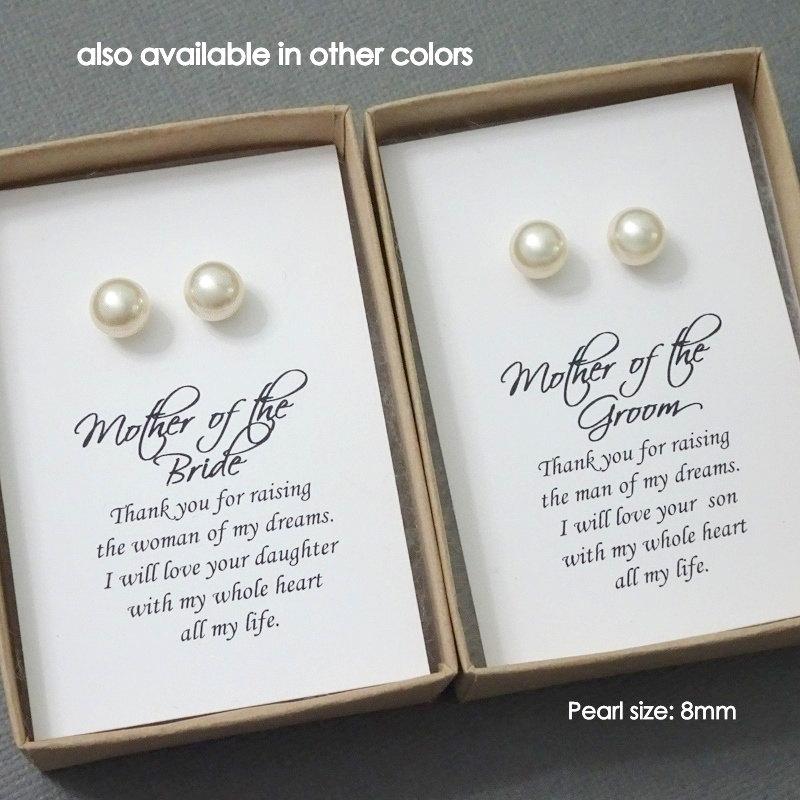 Mariage - Stud Pearl Earrings, Mother of the Groom / Bride Gift Set Swarovski Ivory Stud Pearl Earrings Mother of the Bride & Mother of the Groom Gift