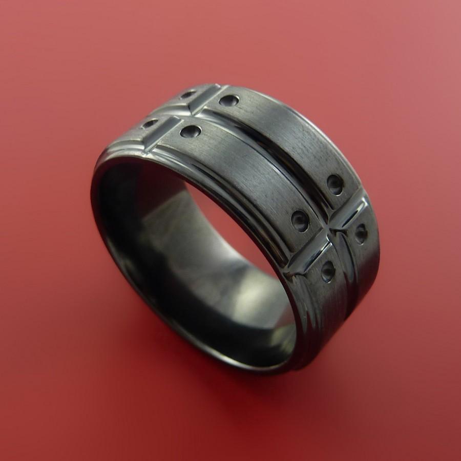 زفاف - Black Zirconium Unique Wide Wedding Band Modern Mens Industrial Ring Style