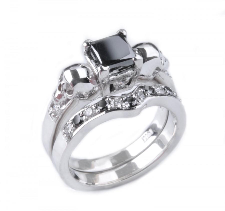 زفاف - Custom 14K Gold Princess Cut Black Diamond and Skull Wedding Ring and Shadow Ring Set