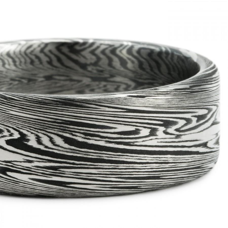 زفاف - Damascus Ring – Titanium and Zirconium Mens Wedding Ring Black and Silver Natural Fine Wood Grain Pattern. Rich Rugged and Masculine.