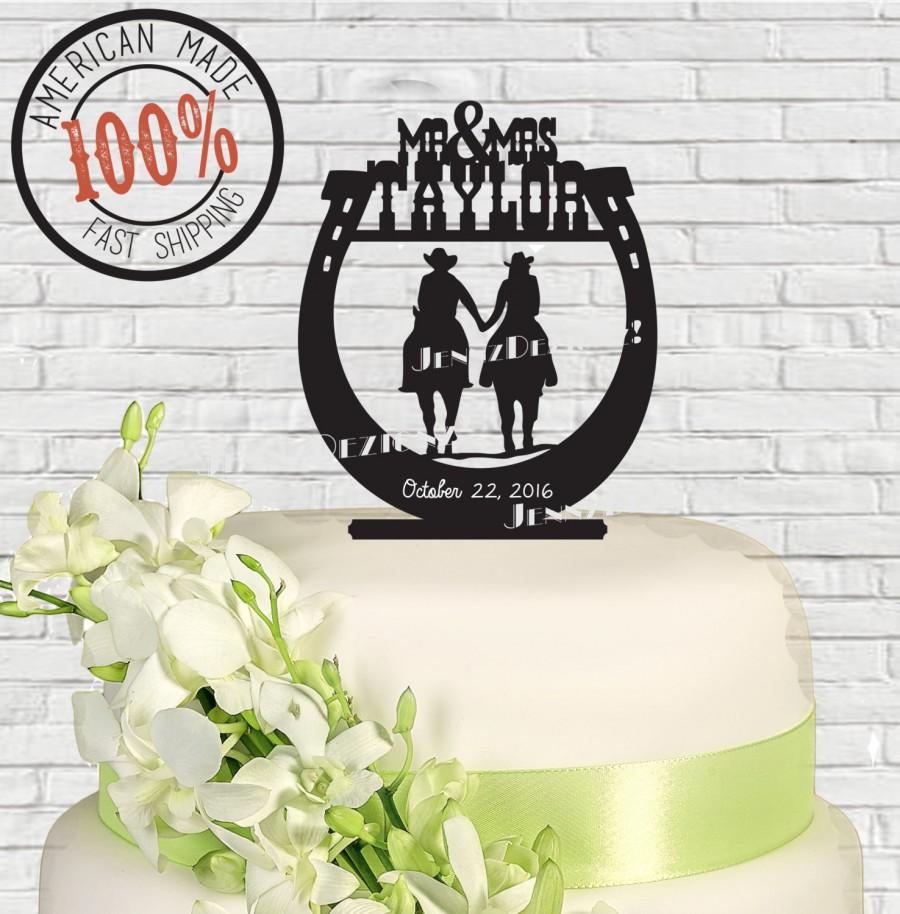 زفاف - Anniversary Western Horseshoe Couple Holding Hands Riders Mr & Mrs Surname Date Wedding Cake Topper  MADE In USA…..Ships from USA