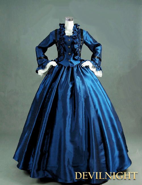 Wedding - Blue Victorian Day Dress with Long Sleeves