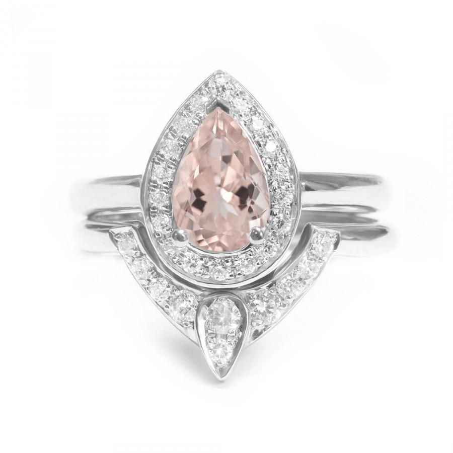 Wedding - Pear Morganite Engagement Ring with Matching Side Diamond Band - The 3rd Eye , Engagement and Wedding Ring Set  14K White Gold