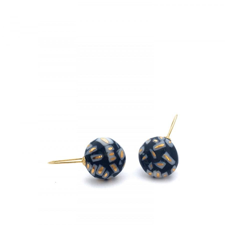 Mariage - Gold Porcelain earrings, ceramic earrings, black circle earrings, ceramic porcelain jewelry, 18k solid gold, bridal minimalist earrings