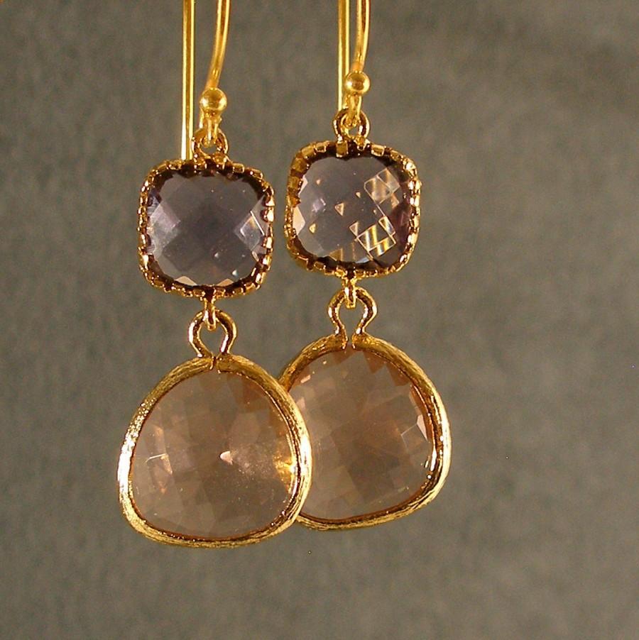Hochzeit - Tanzanite and Light Peach Glass Gold Earrings - Bridesmaid Earrings, Bridesmaid Gift,  Gold Bridesmaid Earrings, Gold Earrings (4669W)