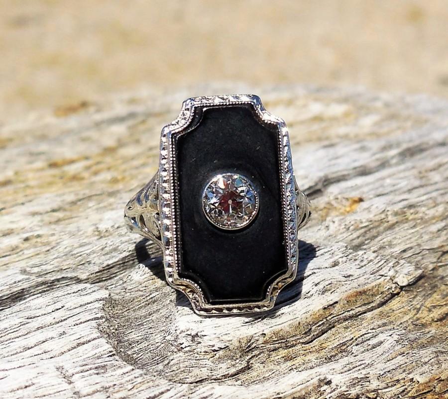زفاف - Vintage Antique .40ct Old European Cut Diamond Onyx Unique Engagement Ring 1920's Art Deco 14k White Gold Filigree