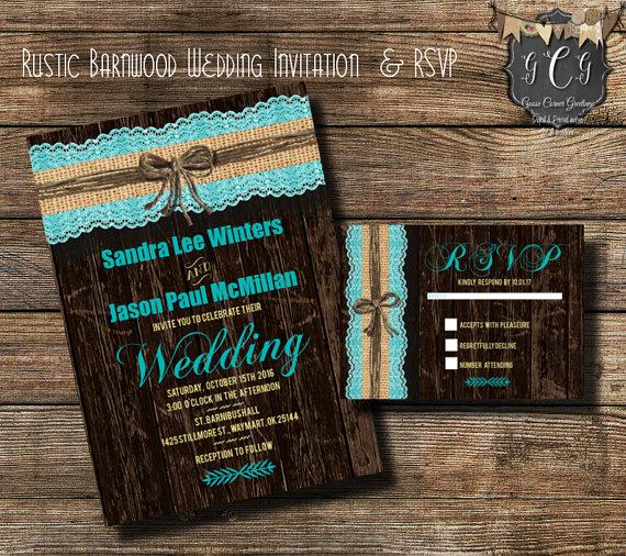 Hochzeit - Teal Rustic Wedding invitation and RSVP, Rustic Wedding invitations,Rustic invitation sets, Rustic wedding invitation, Barnwood invitation,
