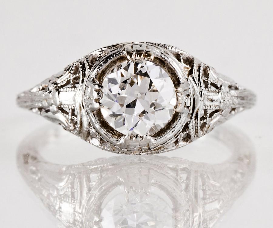 زفاف - Antique Engagement Ring - Antique 1920s 18k White Gold and Diamond Filigree Engagement Ring