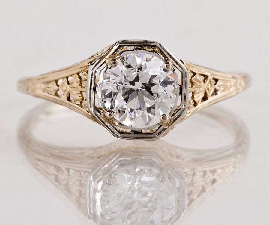 زفاف - Antique Engagement Ring - Antique 1920s 14k White and Yellow Gold Diamond Engagement Ring