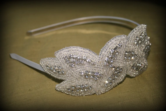 Mariage - Beaded Crystal Headband - Woven Leaf Design in Silver 