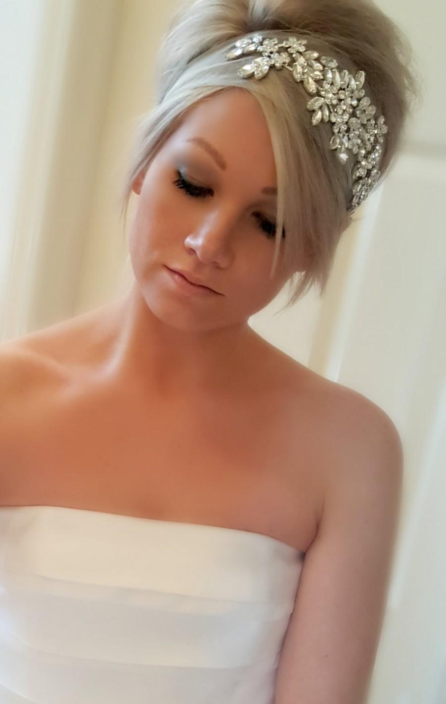 زفاف - Wedding Head Piece – Bridal Headband with Rhinestones and Tulle in White, Ivory and Off White