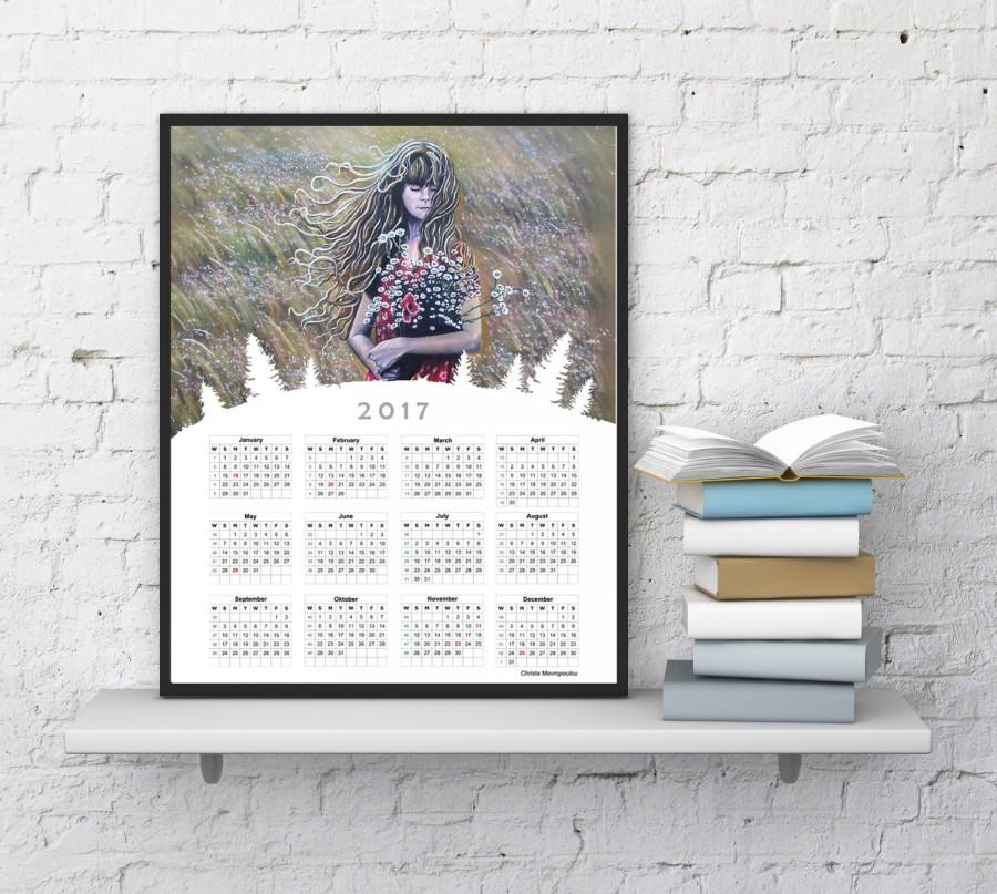 Wedding - Calendar 2017 print, Girl print, Girl painting, Girl with flowers, Calendar printable, Nursery wall decor, Gift idea,  InstantDownloadArt1