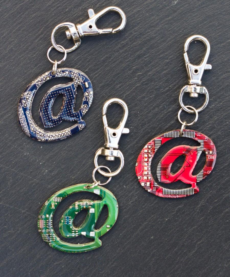 Свадьба - At symbol keychain - recycled circuit board keychain, bag tag, unique gift, urban style, custom color keychain