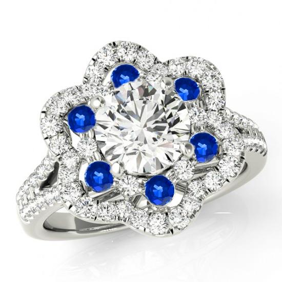 Hochzeit - Forever One Moissanite, Diamond & Sapphire Flower Lotus Engagement Ring Split Shank 14k White Gold, Gemstone and Moissanite Anniversary Ring