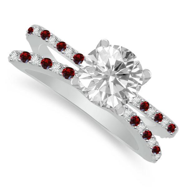Hochzeit - Round Forever One Moissanite, Diamond & Ruby Ring Criss Cross Engagement Rings, Double Band 14k, 18k or Platinum