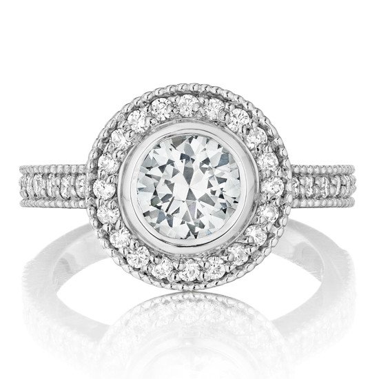 Wedding - 1 carat Forever One Round Bezel Moissanite Diamond Halo Vintage Milgrain Engagement Rings, WeddingBee, TheKnot, Wedding Sets, Bridal Jewelry