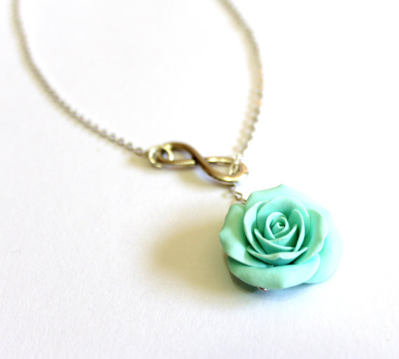 زفاف - Mint green Infinity lariat Necklace, Mint green Bridesmaid, Mint green rose Flower Necklace, Bridal Flowers, Sunflower Bridesmaid Necklace