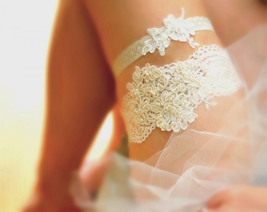 Wedding - Lace Garter Set, Ivory Lace Garter, Wedding Garter Set, Alencon Lace Garter, Beaded Lace Garter