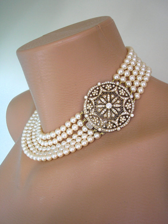 Wedding - 5 Strand Pearl Necklace, Pearl Choker, Cream Pearls, Bridal Pearls, Deco, Great Gatsby, Wedding Jewelry, Rhinestone, Vintage, Statement