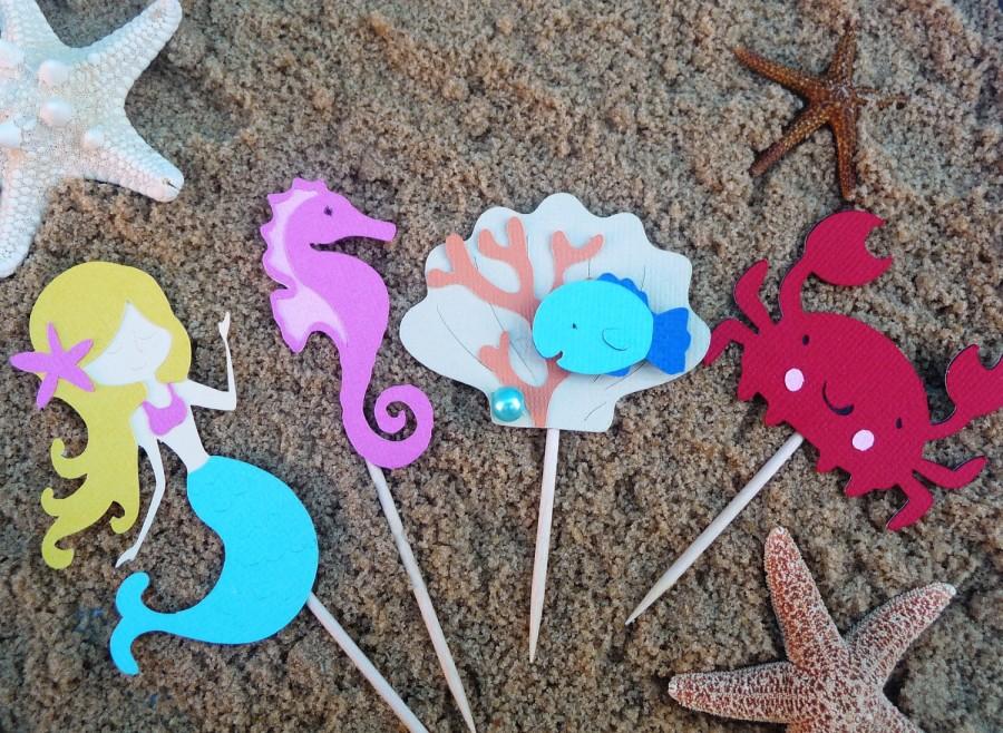 Wedding - Mermaid Cupcake Toppers - Set of 8 - Under the Sea Theme Party Cake Toppers - Mermaid Cake Baby Shower - Under the Sea Friends Creatures