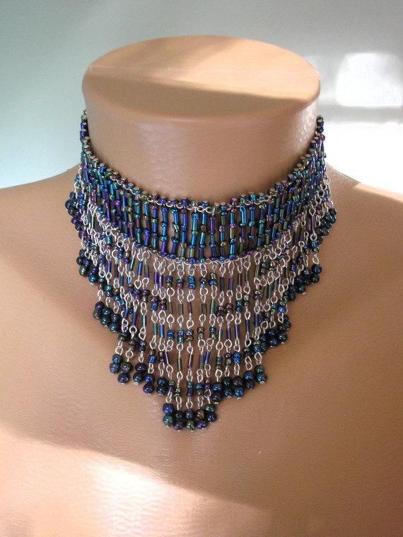 Hochzeit - Blue Fringed Necklace, Gatsby Jewelry , Waterfall Necklace, Flapper Collar, Art Deco, Blue Bridal Necklace, Bib Necklace, Carnival Beads