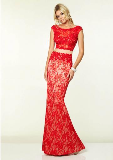 Wedding - Sleeveless Red Champagne Appliques Lace Scoop Open Back Floor Length