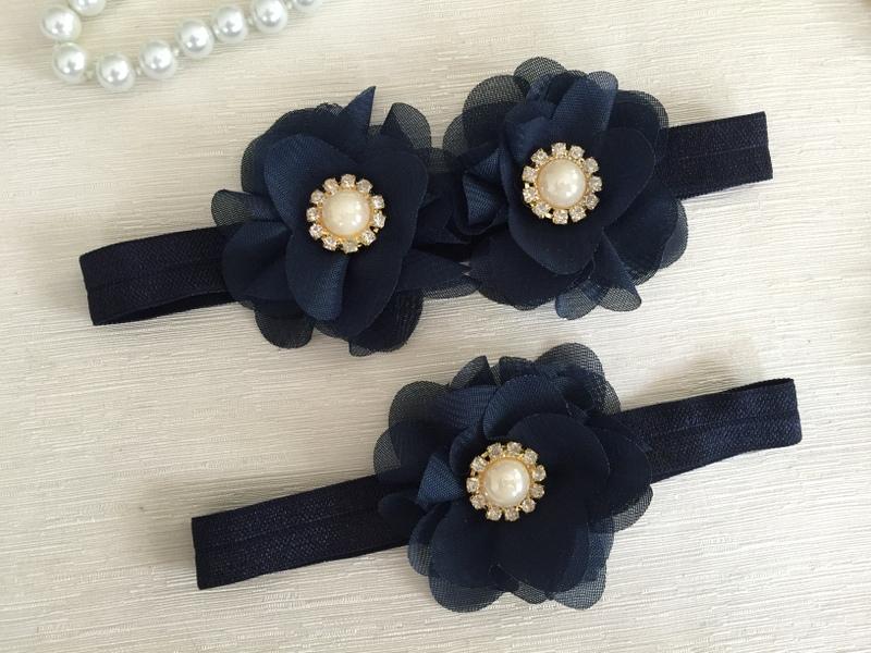 Mariage - wedding garter set, navy blue bridal garter set, navy blue chiffon flower, pearl/rhinestone, silver, gold