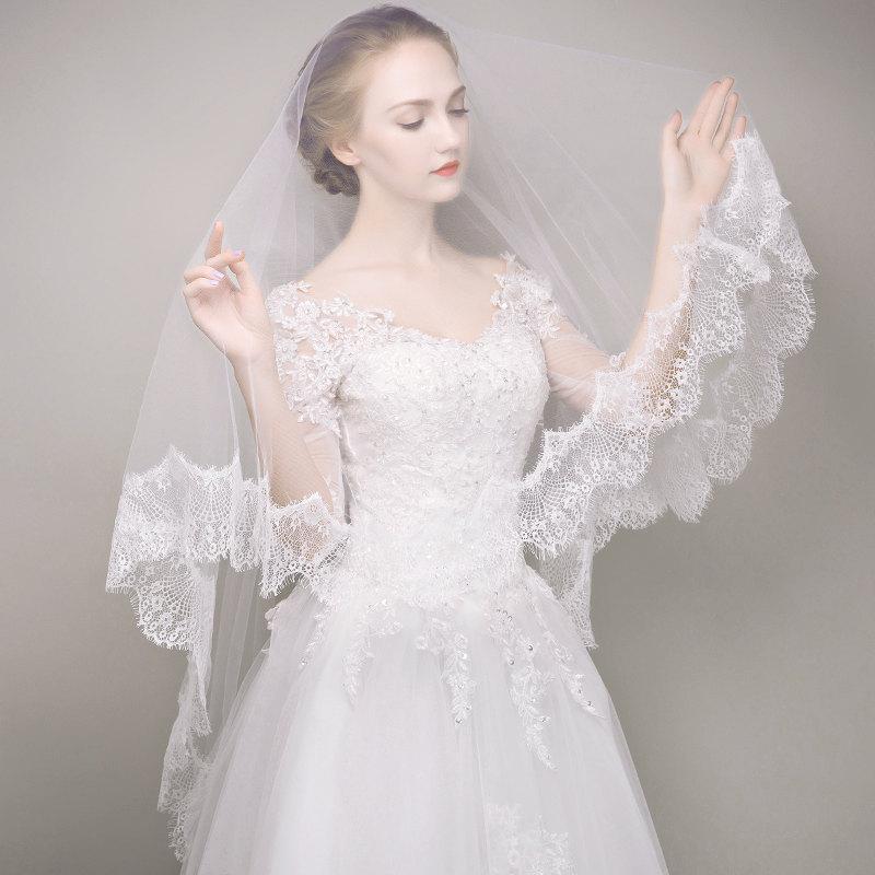 Hochzeit - Bridal Soft illusion Tulle one Layer Eyelash Lace Veil, 1 Tier Wedding fingerip length Drop veil, Bride Ivory Mantilla hair accessories